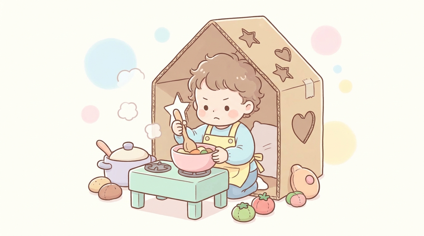 手作りの段ボールハウスの中で、エプロン姿の3歳児が真剣な表情でおままごとの料理を作っている様子