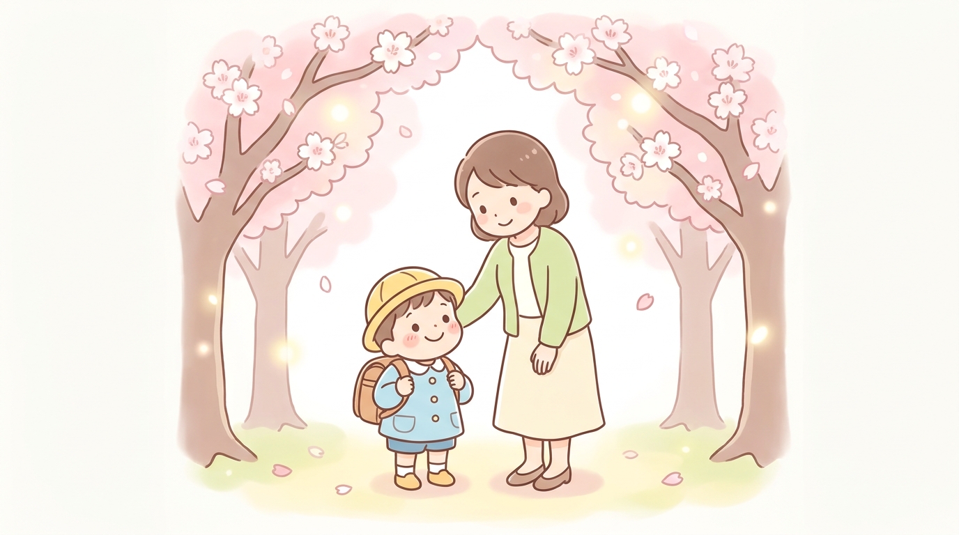 春の桜の下で園バッグを背負って笑顔で立つ3歳くらいの子どもと、隣で見守る母親の温かい雰囲気のシーン