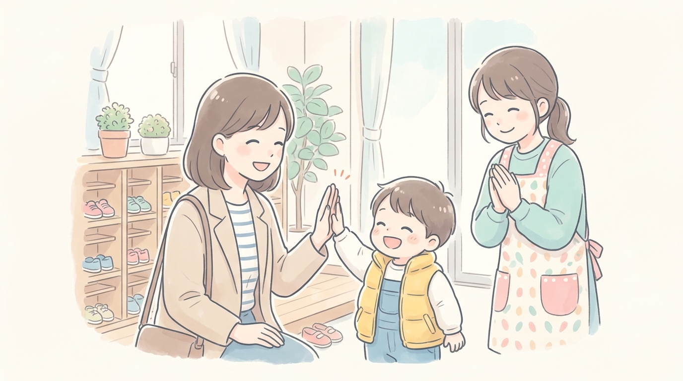 保育園の玄関で母親と笑顔でハイタッチをしている3歳児と、優しく見守る保育士の温かい朝の風景