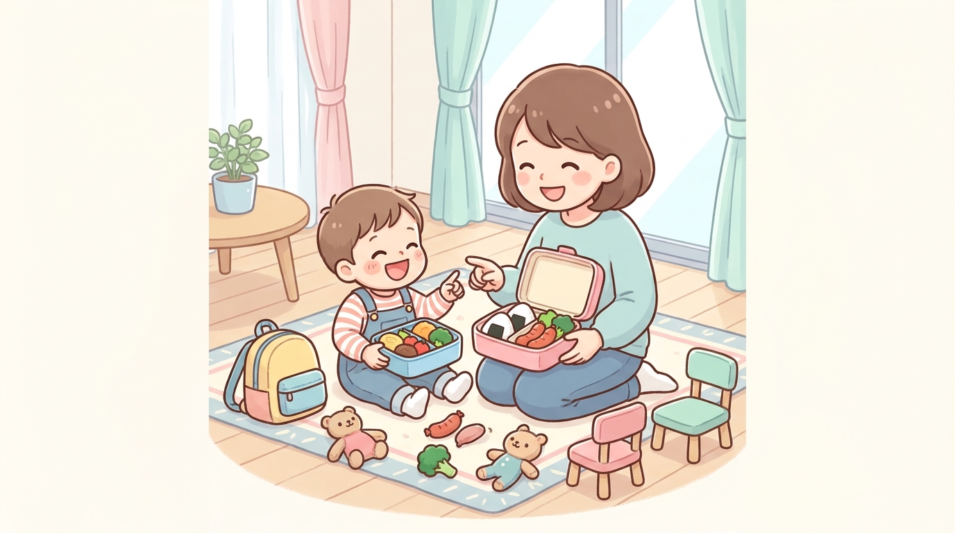 リビングで親子で園ごっこを楽しみ、おもちゃのお弁当を広げて笑い合う3歳児と母親の和やかな様子