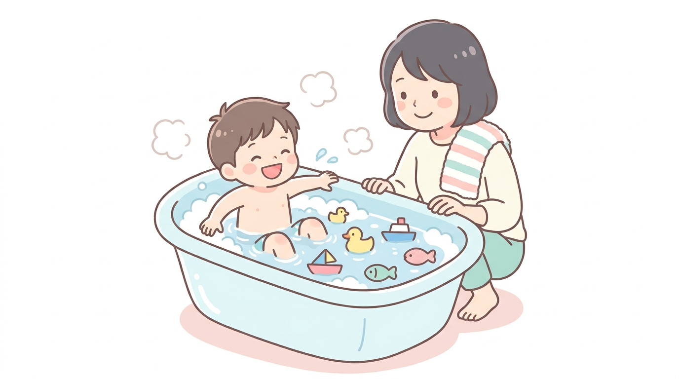 湯船に浮かぶカラフルなおもちゃで楽しそうに遊ぶ3歳くらいの男の子と笑顔で見守る母親