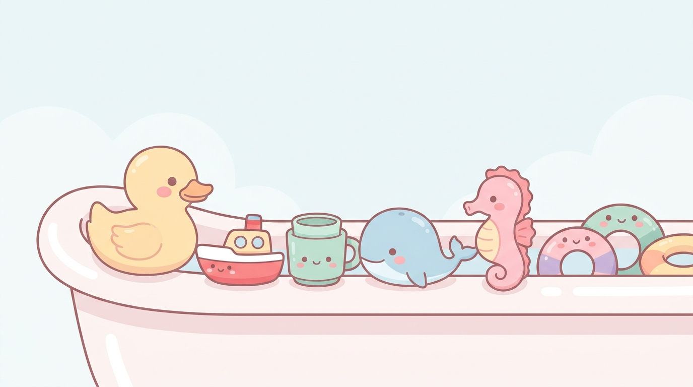 バスタブのふちに並べられたカラフルなお風呂用おもちゃとアヒルや船などのバストイ