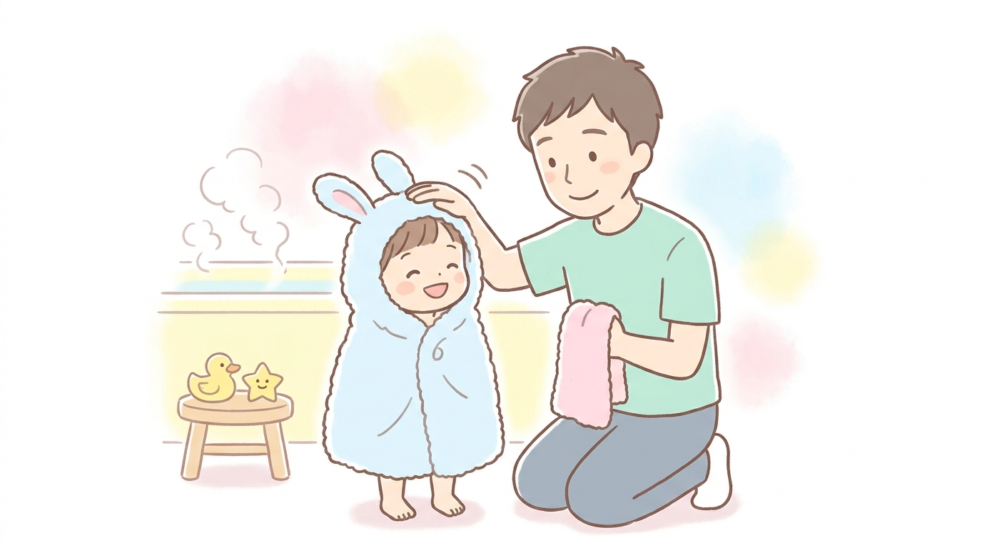 お風呂上がりにタオルにくるまれて笑顔の3歳児と褒めている父親の温かい家庭風景