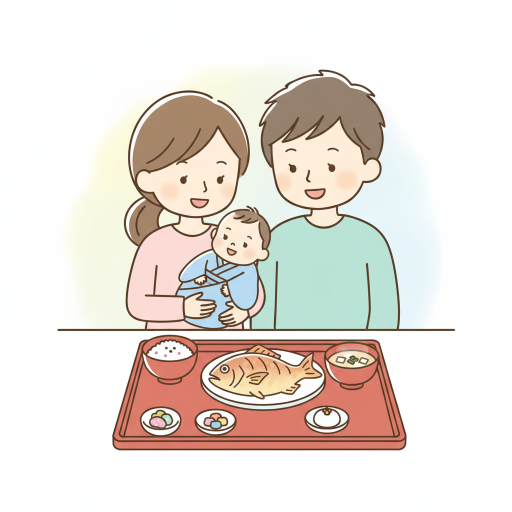 漆器のお膳に並んだ鯛の塩焼きと赤飯、お吸い物などお食い初め料理を前にして、赤ちゃんを抱っこする若い夫婦の温かい家族の食卓