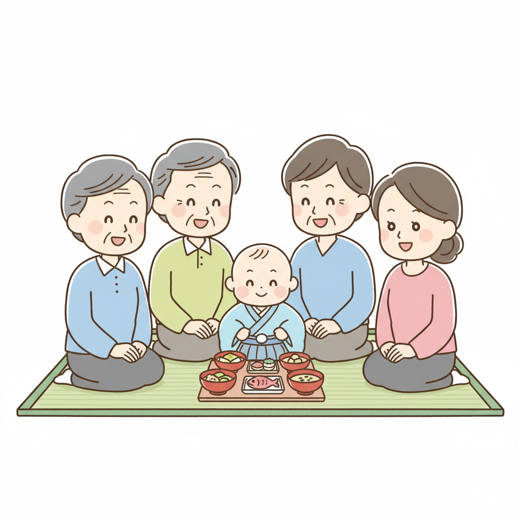 和室の畳の上で祖父母と両親に囲まれて笑顔を見せる生後100日頃の赤ちゃん、手前には伝統的なお食い初め膳が並ぶ和やかな家族のお祝いシーン