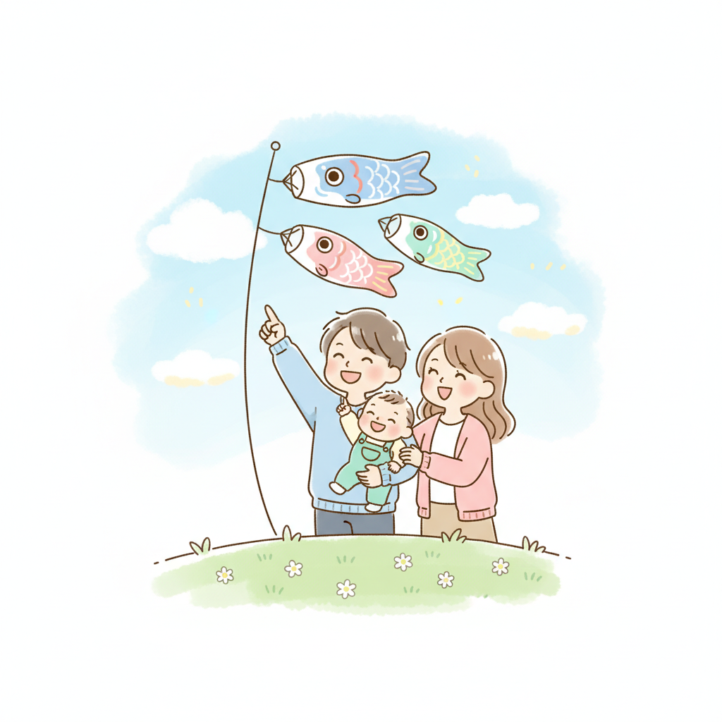青空のもと風に泳ぐカラフルなこいのぼりと、それを見上げる赤ちゃんを抱いた笑顔の若い夫婦