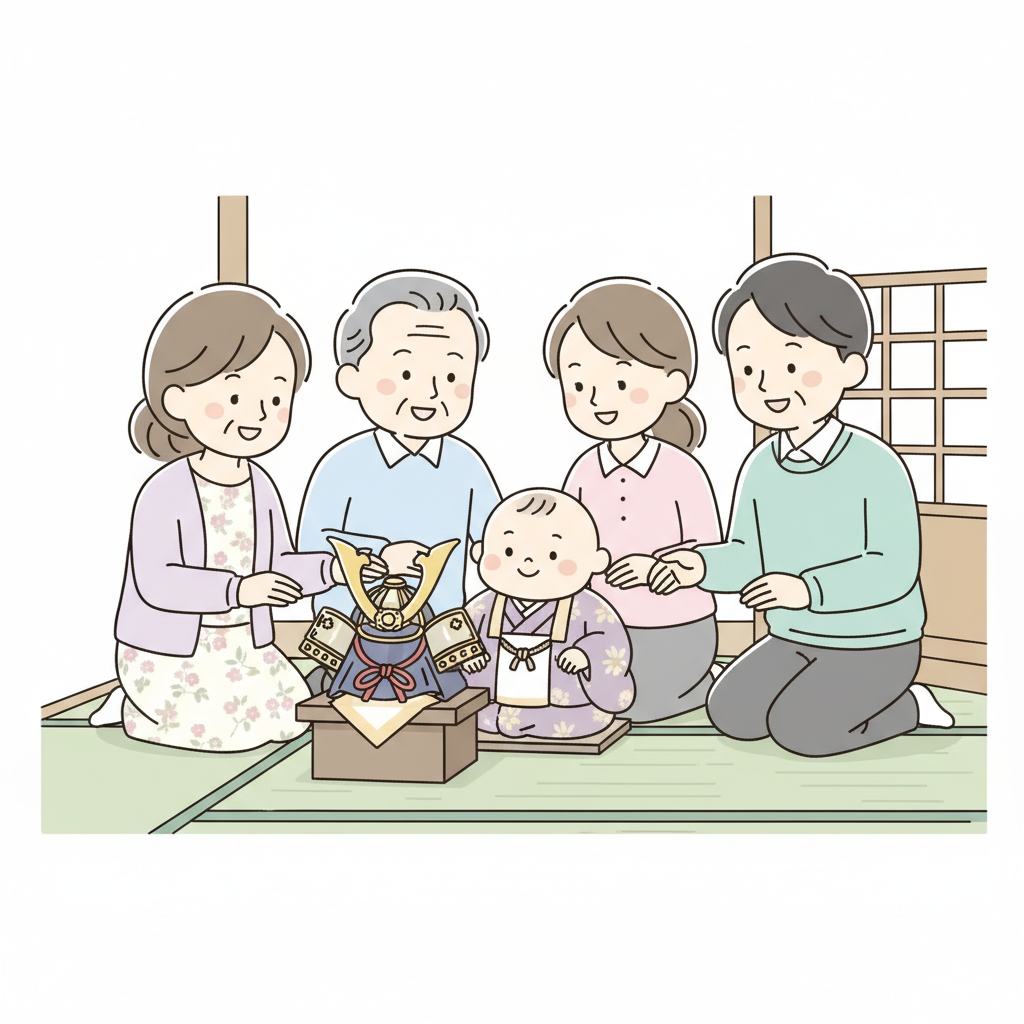 和室で兜飾りの前に座る赤ちゃんと、優しく見守る祖父母とパパ・ママの三世代家族写真