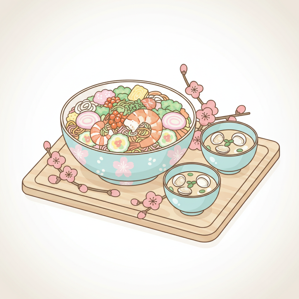 テーブルに並んだ華やかなちらし寿司とはまぐりのお吸い物、桃の花を添えた春らしい祝い膳