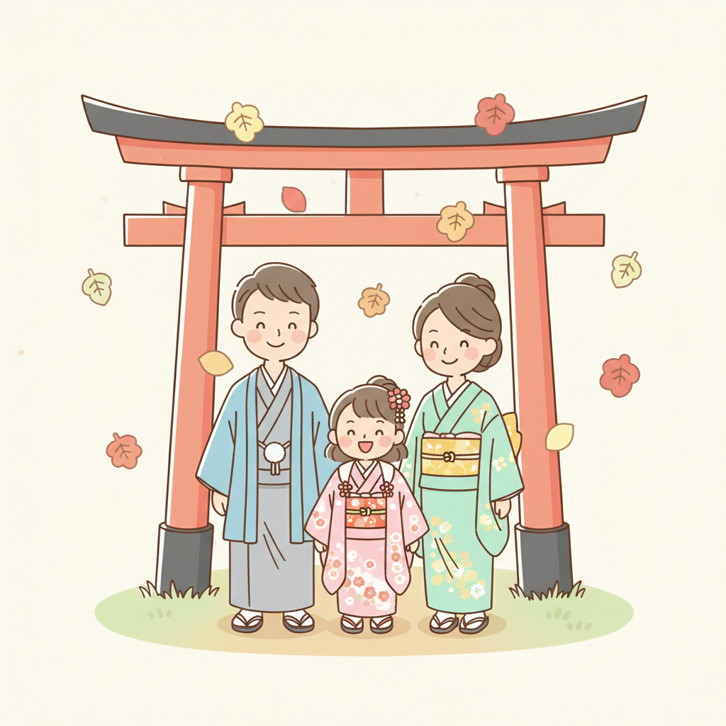 神社の鳥居の前で着物を着た3歳の女の子と両親が笑顔で並ぶ秋の家族写真