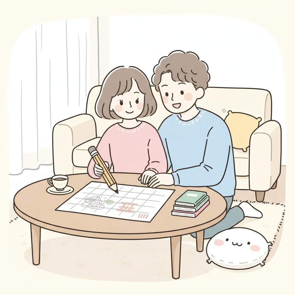 リビングで七五三のスケジュールをカレンダーに書き込みながら相談する若い夫婦