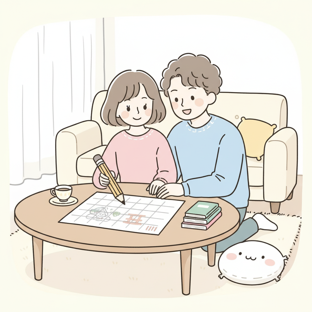 リビングで七五三のスケジュールをカレンダーに書き込みながら相談する若い夫婦