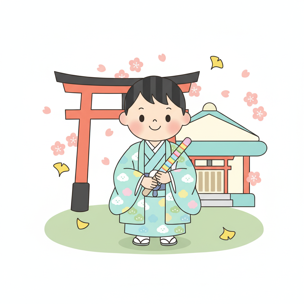神社の境内で千歳飴を持って嬉しそうに笑う着物姿の5歳の男の子