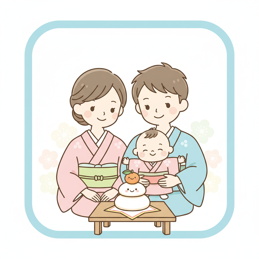 着物姿の赤ちゃんを抱っこしながら鏡餅の前で微笑む若い夫婦の温かい家族写真