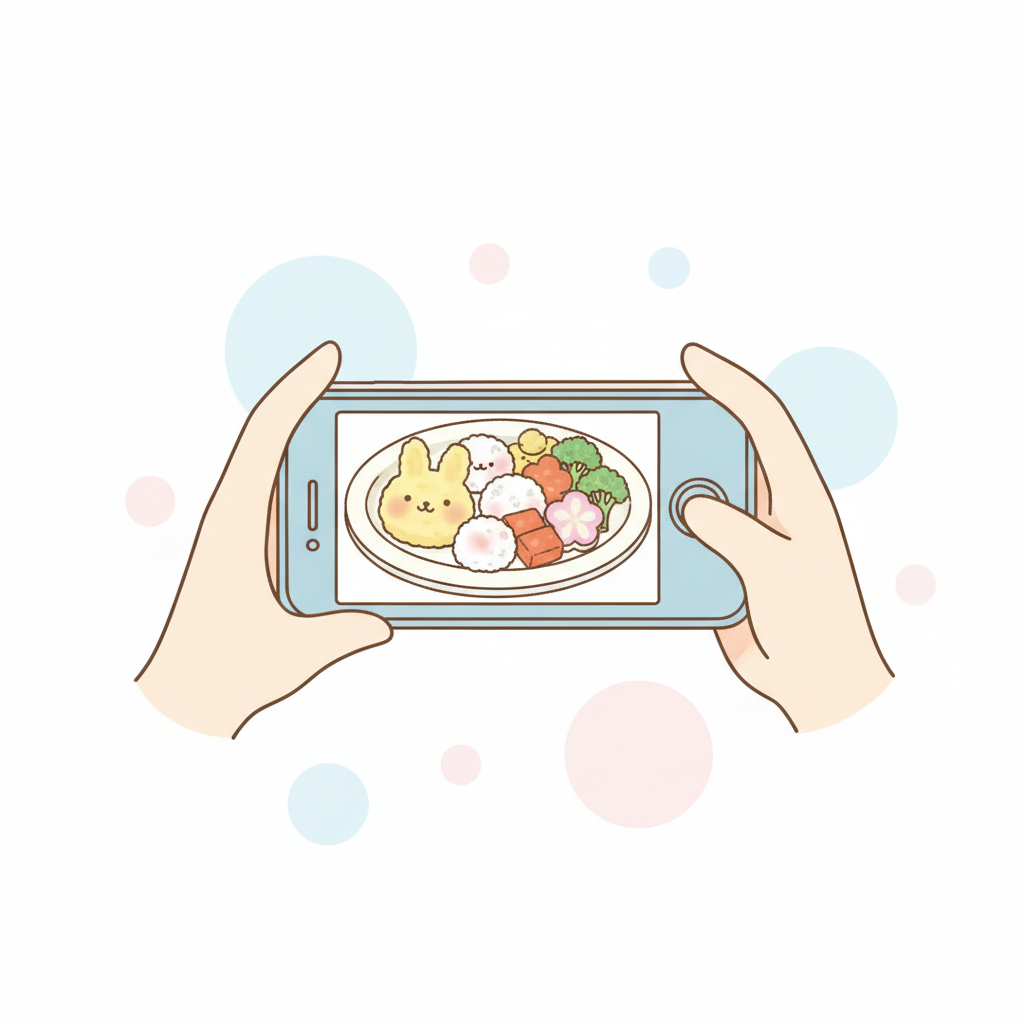 紅白の食材で彩られた赤ちゃん用の小さなおせち風プレートを撮影する母親の手元