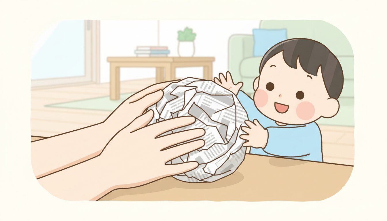リビングで新聞紙を丸めてボールを作る母親と笑顔の2歳児の手元のクローズアップ