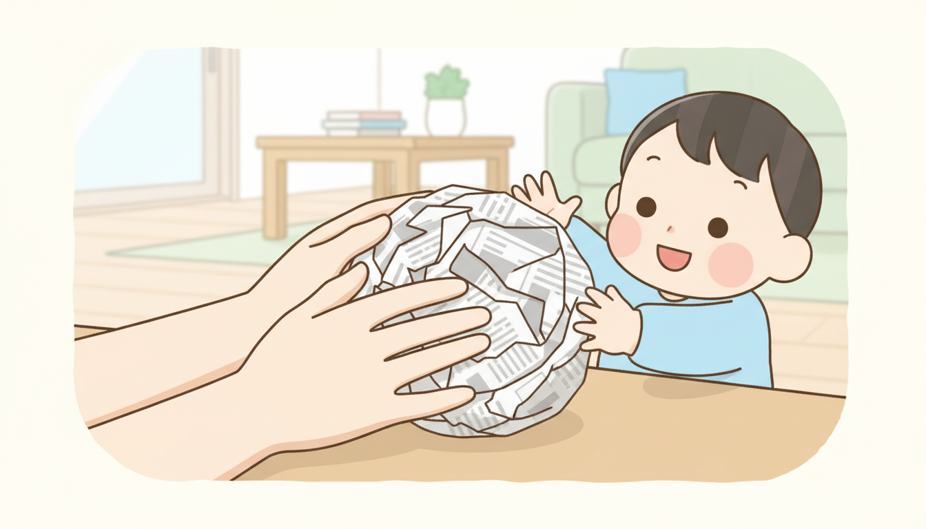 リビングで新聞紙を丸めてボールを作る母親と笑顔の2歳児の手元のクローズアップ