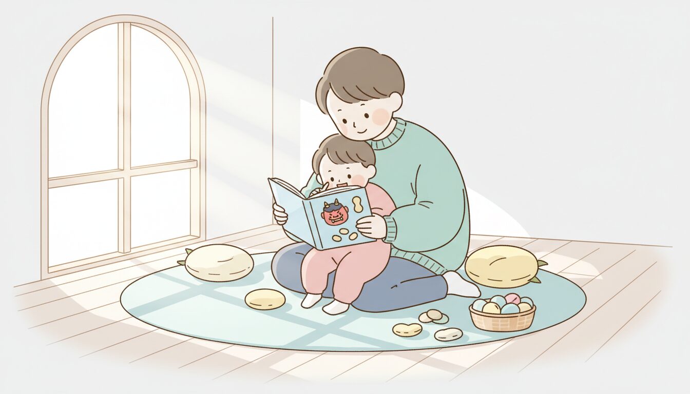 親子で節分の絵本を読みながら寄り添う様子、柔らかい自然光の部屋で穏やかな表情