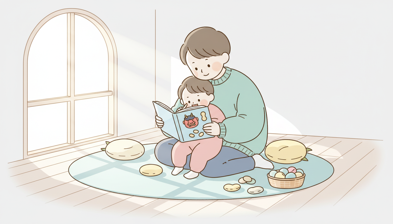 親子で節分の絵本を読みながら寄り添う様子、柔らかい自然光の部屋で穏やかな表情