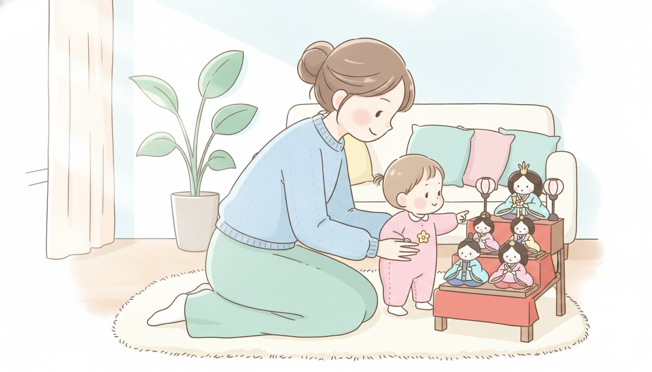 リビングでひな人形を指差しながら、1歳くらいの娘に優しく語りかける母親の温かい場面