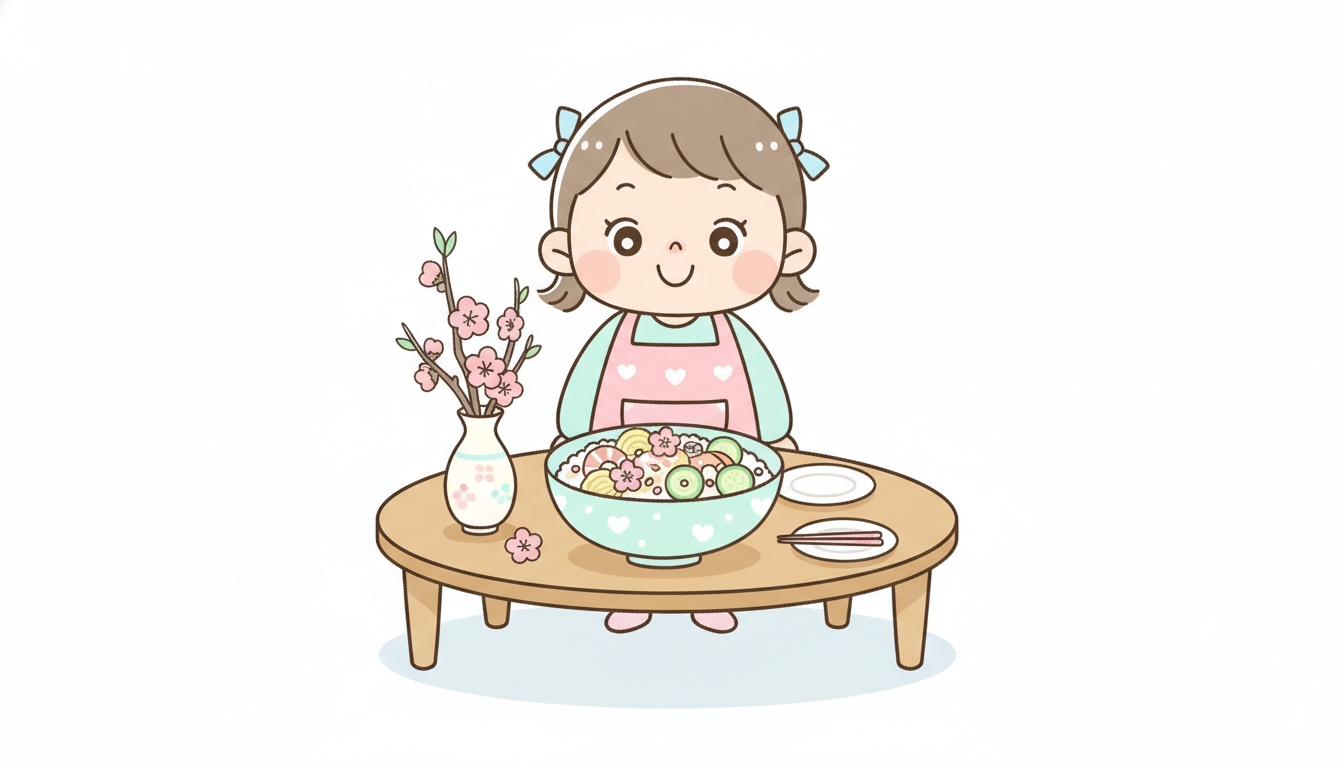 桃の花とちらし寿司が並んだ食卓を前に、エプロン姿の2歳児が嬉しそうに笑っている様子