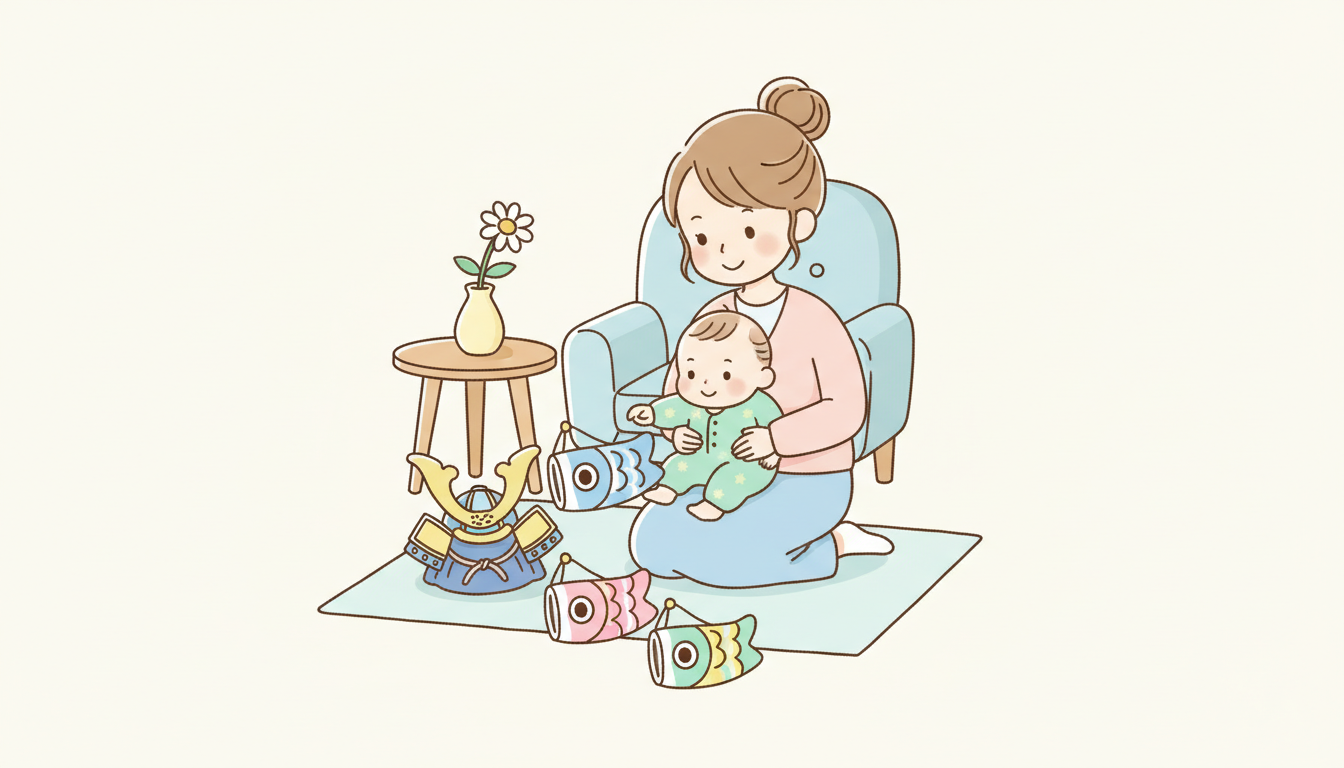 リビングに小さな兜飾りとこいのぼりを並べ、笑顔で見つめる赤ちゃんと若いママ