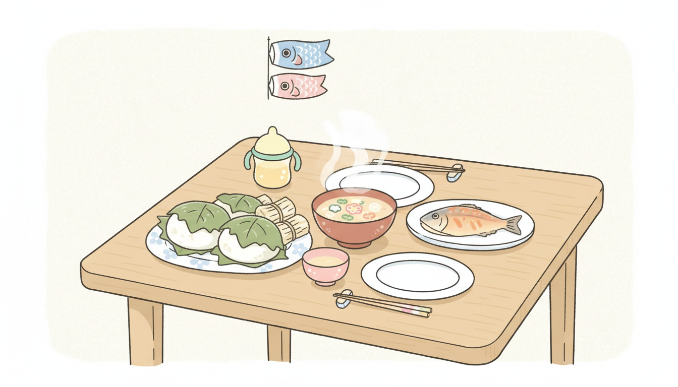 ダイニングテーブルに並べられた柏餅とちまき、子ども用の食器、湯気の立つ祝い膳の様子