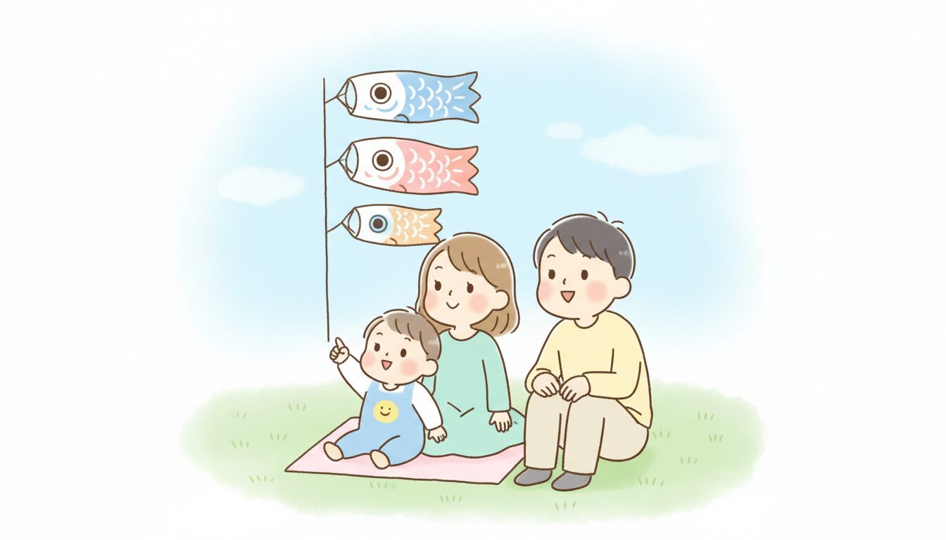 公園の青空の下、芝生に座ってこいのぼりを見上げる2歳くらいの子どもと両親