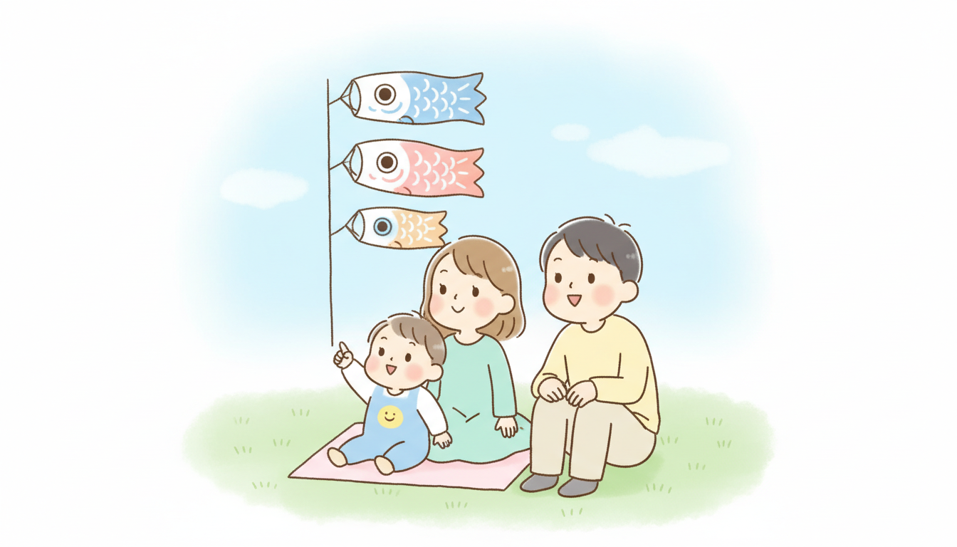 公園の青空の下、芝生に座ってこいのぼりを見上げる2歳くらいの子どもと両親