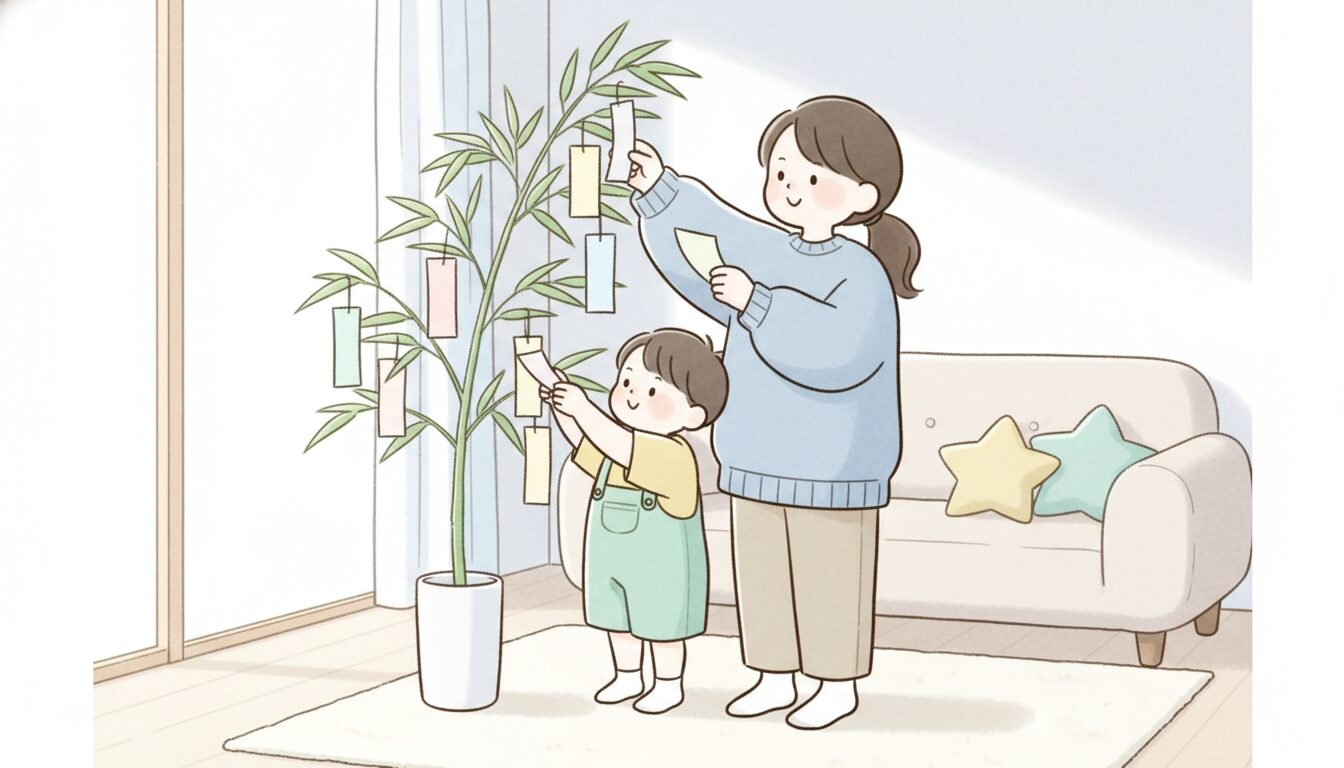 リビングで親子が一緒に笹の葉に手作りの短冊を結びつけている温かい雰囲気のシーン