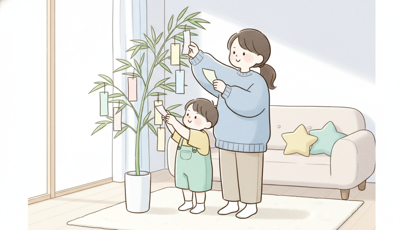リビングで親子が一緒に笹の葉に手作りの短冊を結びつけている温かい雰囲気のシーン