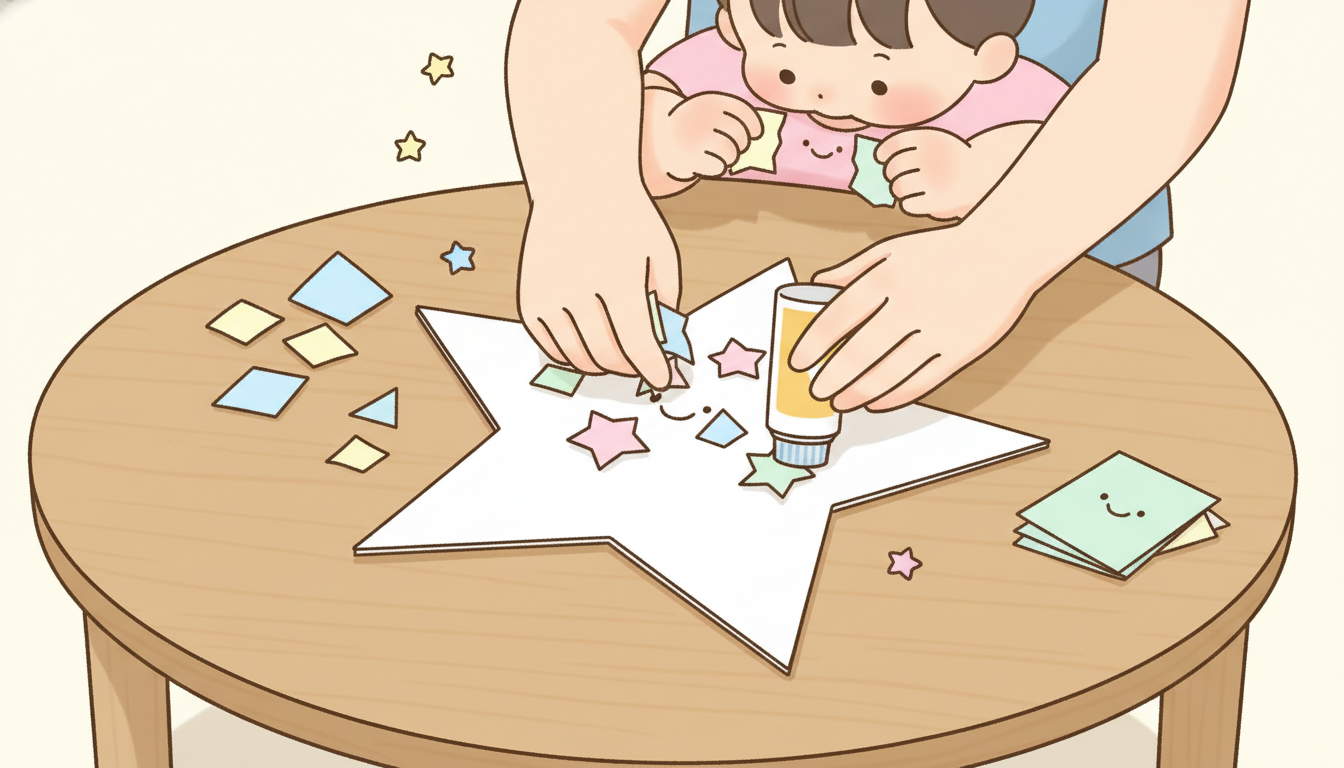2歳児がローテーブルで折り紙をちぎりながら星型の台紙にのりで貼っている、笑顔の親子の手元アップ