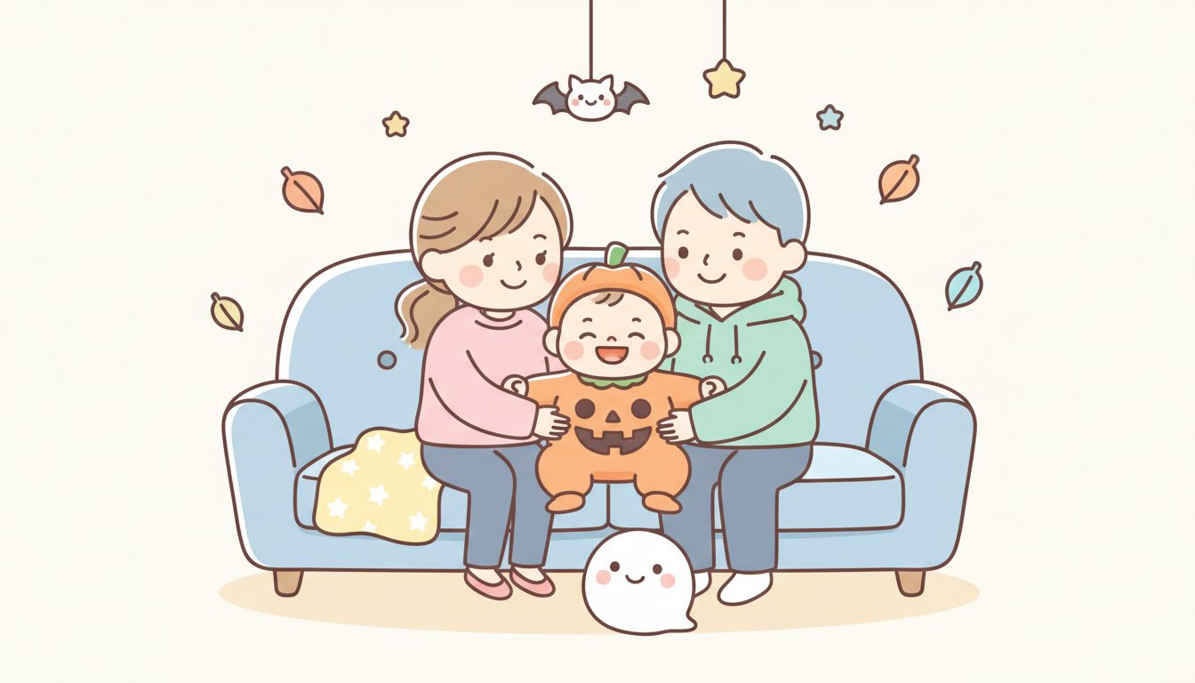 かぼちゃ柄の衣装を着た笑顔の赤ちゃんがソファに座っている温かい家庭の様子