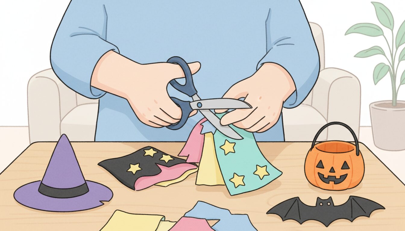 フェルトや布、はさみを使ってリビングのテーブルで手作り衣装を製作している親の手元