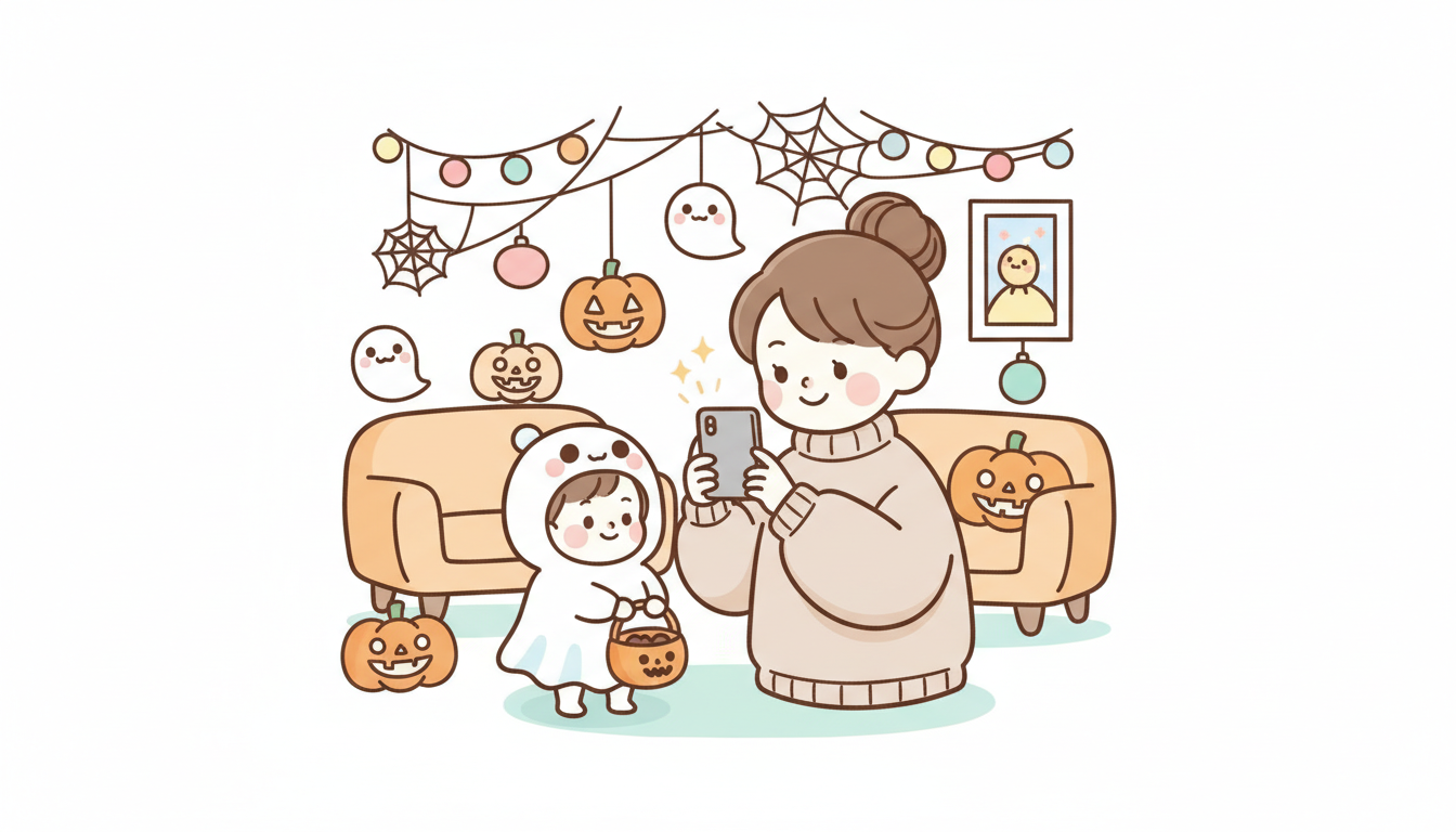 ハロウィン装飾をした部屋で仮装した子どもをスマートフォンで撮影する母親の様子