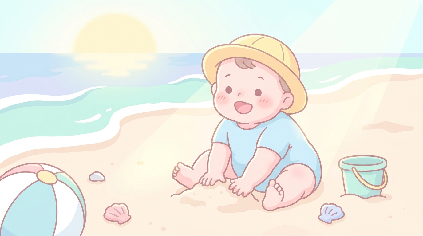 砂浜にお座りした生後8ヶ月くらいの赤ちゃんが、初めての砂の感触に驚きながらも嬉しそうに笑っている柔らかな朝の光の風景
