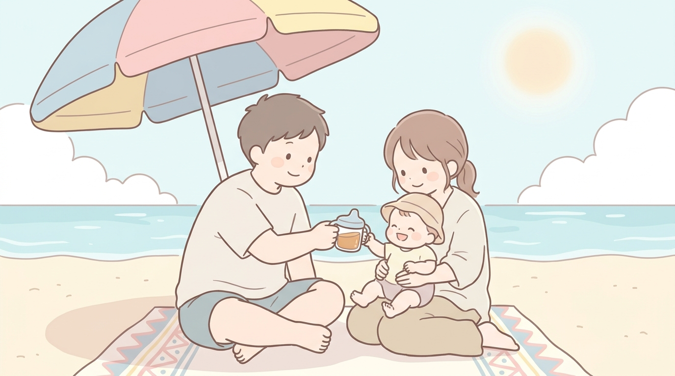 ビーチパラソルの下で家族3人がくつろぎ、パパが赤ちゃんに麦茶を飲ませている穏やかな午後のシーン