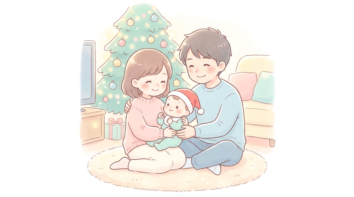 暖かなリビングでクリスマスツリーの前に座り、サンタ帽をかぶった赤ちゃんを抱きしめて笑顔を向ける若い夫婦
