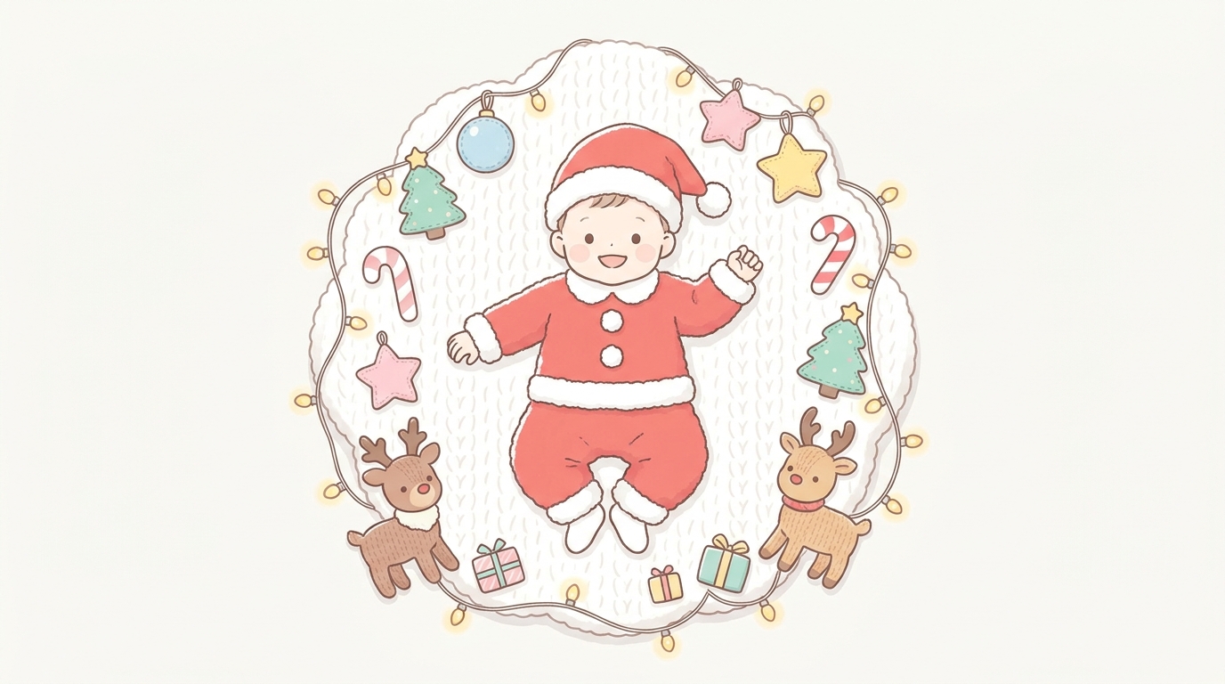 床に敷いた白いラグの上でサンタの衣装を着た1歳前後の赤ちゃんが笑顔で寝転がり、周囲をクリスマスの小物で飾ったねんねアートの俯瞰写真