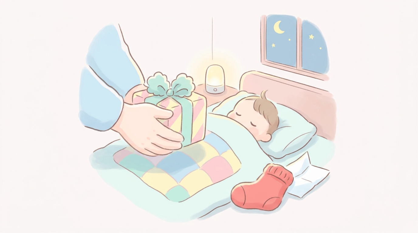 寝室で就寝中の幼児の枕元にラッピングされたプレゼントをそっと置く親の手と、その横に置かれた赤い靴下とサンタへの手紙
