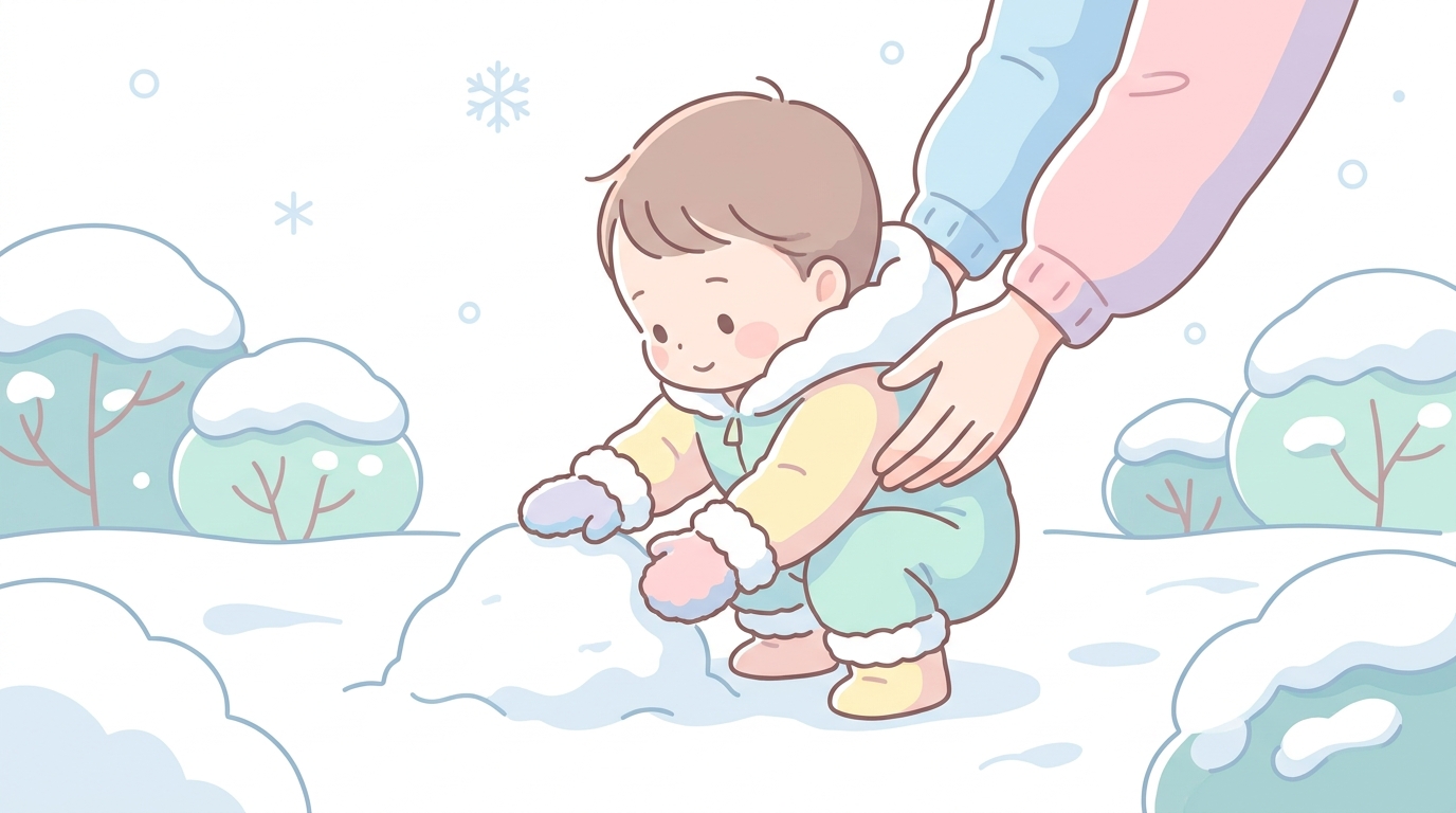雪が積もった庭で小さなミトン手袋をはめて雪に触れる1歳前後の赤ちゃんと、後ろから優しく支える母親の手元