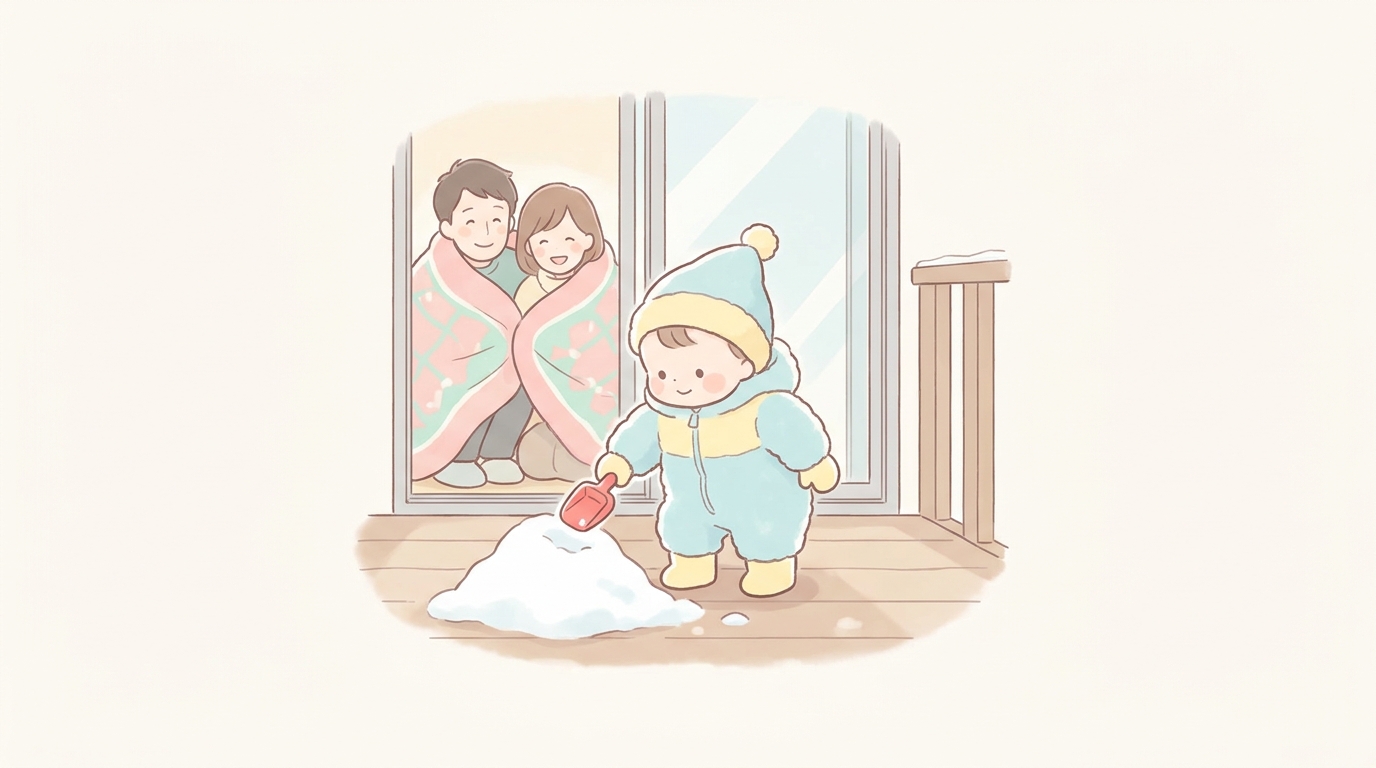 ベランダに積もった雪の上でスコップを持って遊ぶ防寒着姿の幼児と、毛布にくるまって見守る両親