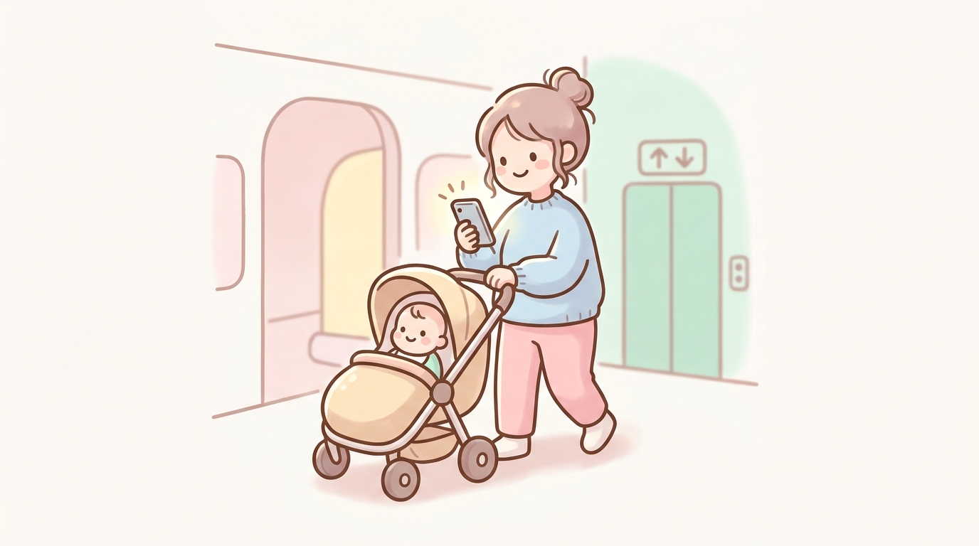 スマートフォンで乗換案内アプリを確認しながら、ベビーカーを押して駅構内を歩く30代の女性。背景には駅のエレベーター表示