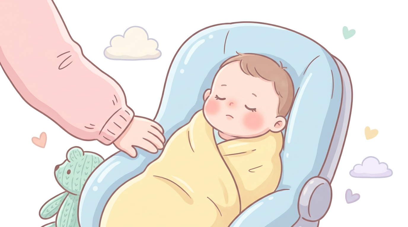 チャイルドシートでぐっすり眠る1歳くらいの赤ちゃんと、それを優しく見守る母親の手元