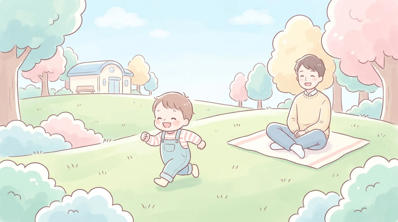 サービスエリアの芝生広場で楽しそうに走り回る2歳くらいの子どもと、笑顔で見守る父親