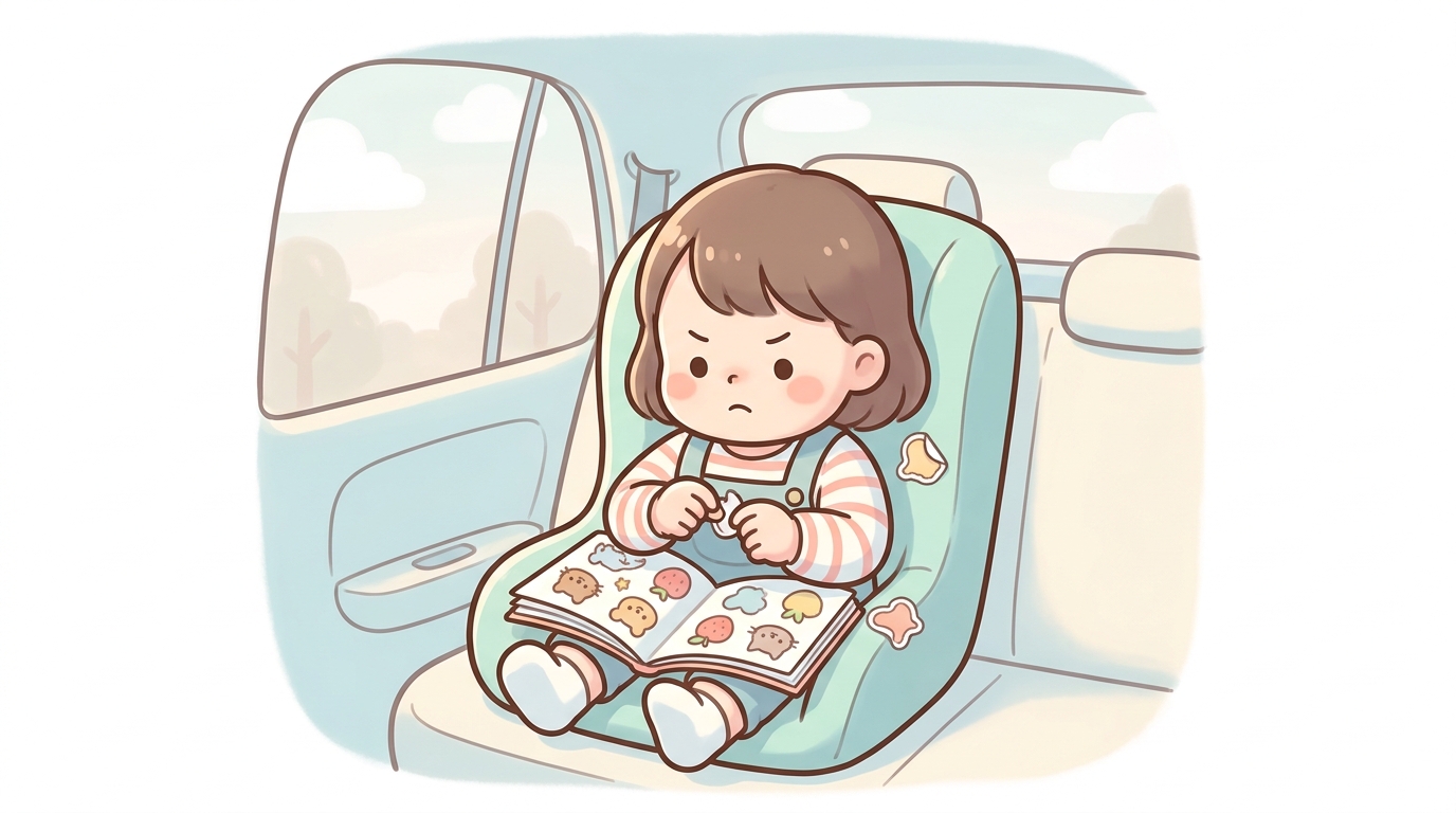 車の後部座席でシールブックに夢中になっている2歳の女の子の真剣な表情