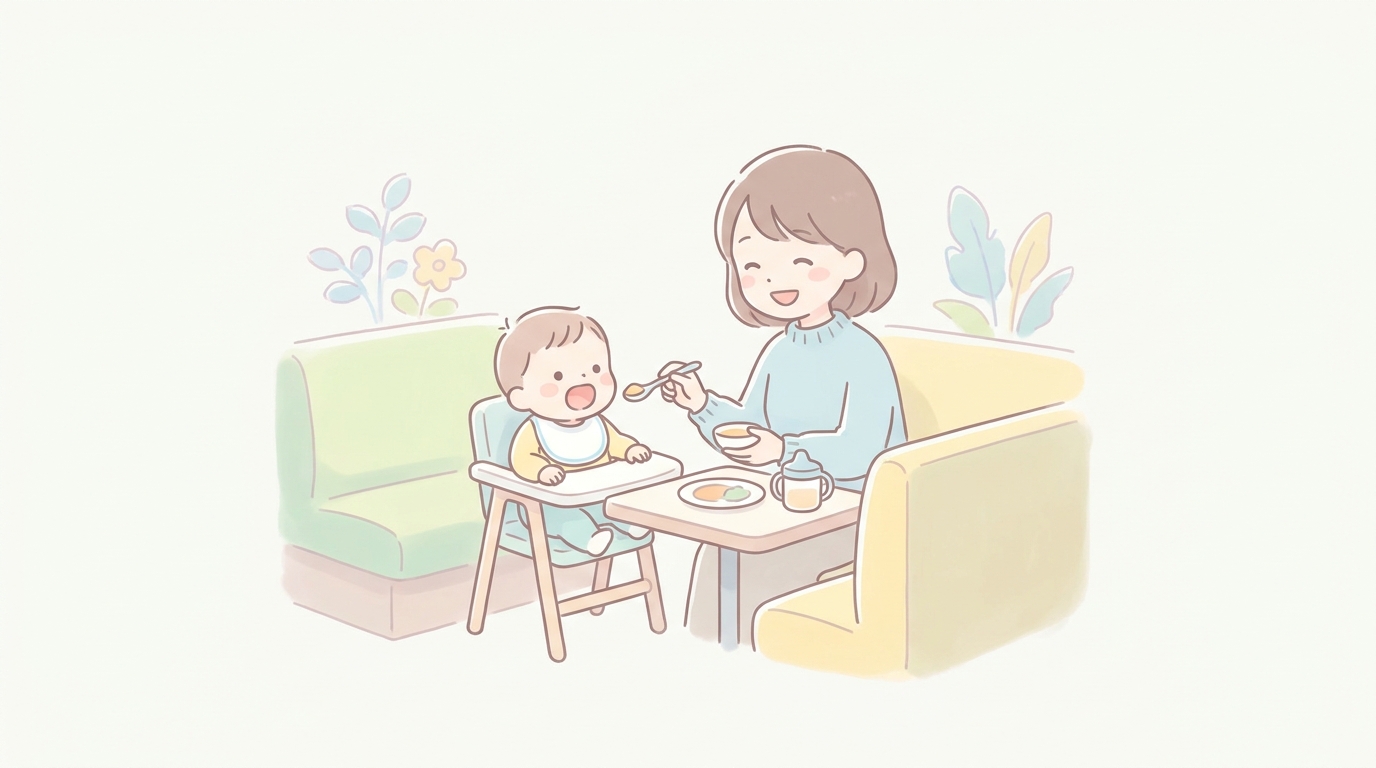 ファミリーレストランで離乳食を口に運んでもらう赤ちゃんと、笑顔で見守る20代後半の母親の温かい雰囲気