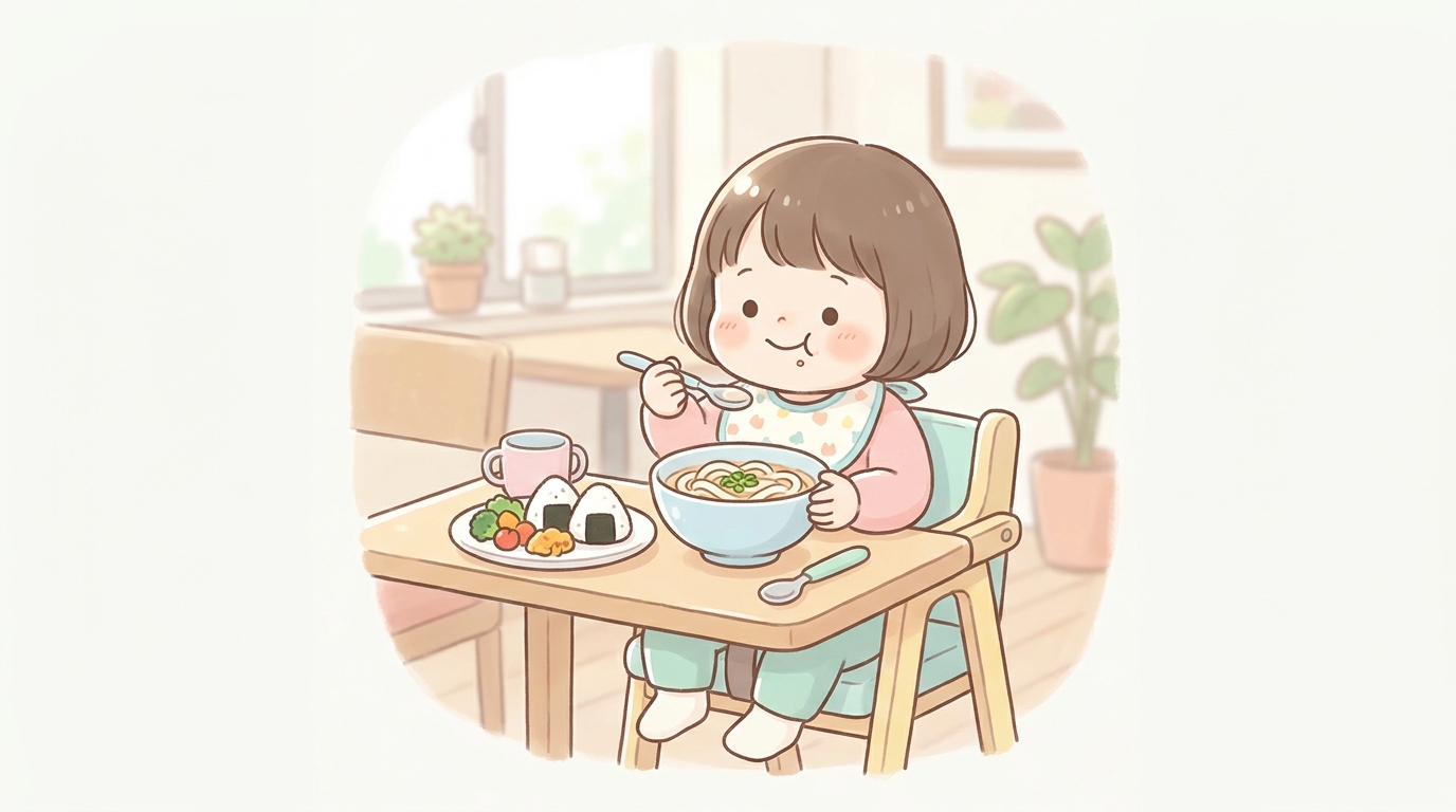 ファミリーレストランのテーブルに並ぶうどんとおにぎりのキッズメニューを楽しそうに頬張る2歳くらいの子どもの様子