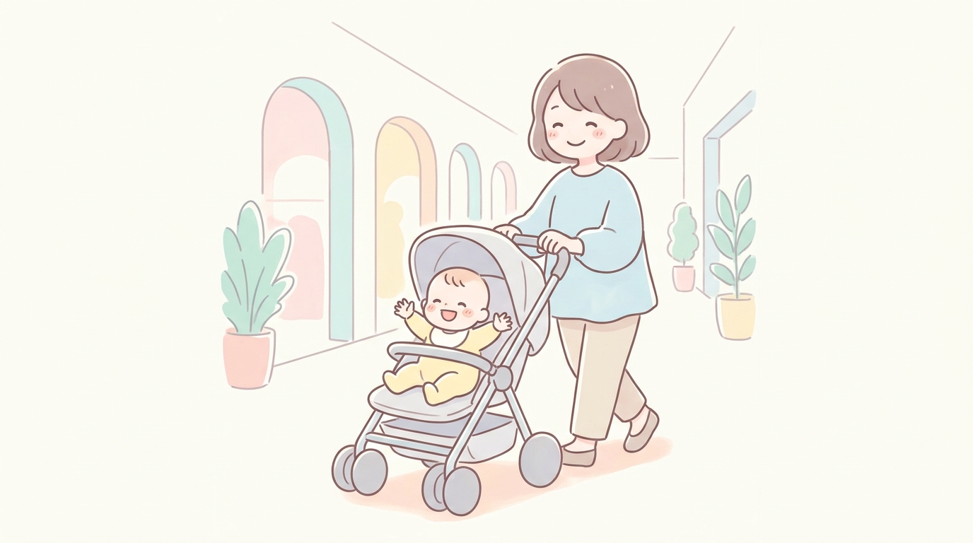 明るいショッピングモールの通路をベビーカーを押して歩く30代の母親と笑顔の赤ちゃん
