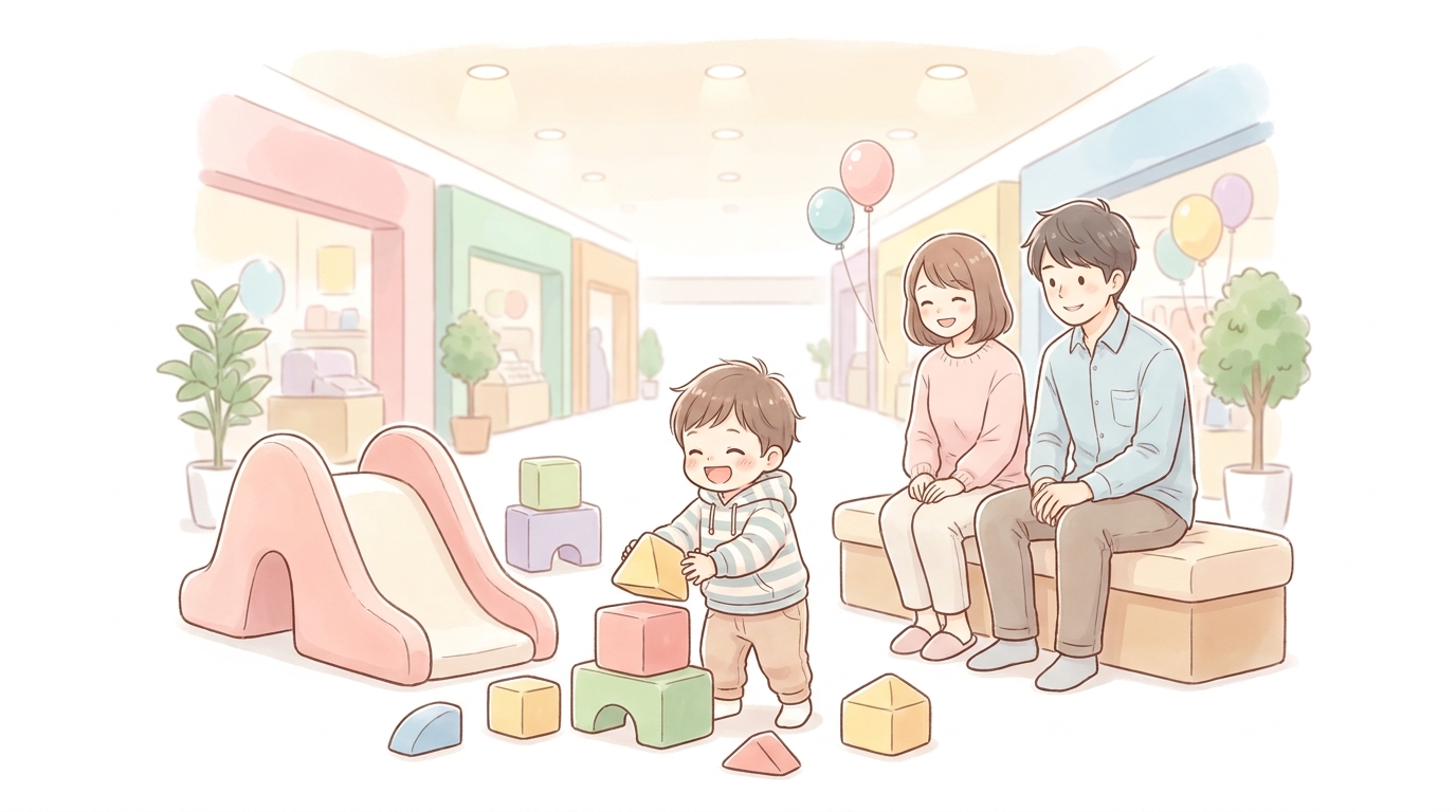 ショッピングモールのキッズスペースで楽しそうに遊ぶ2歳くらいの子どもと見守る両親