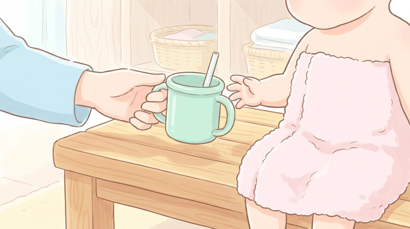 温泉旅館の脱衣所で着替えを終えた幼児に水分補給用のマグを差し出す父親の手元、温かみのある木目調の空間